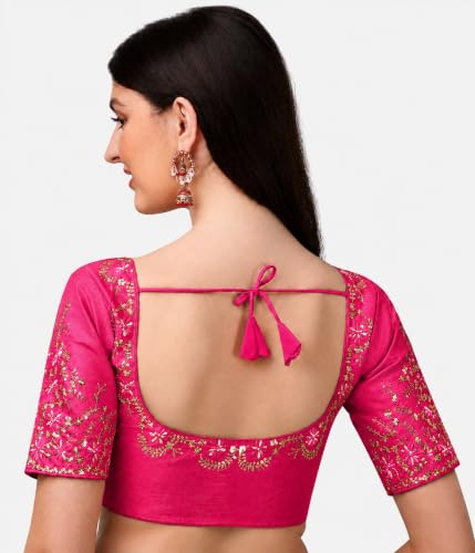 Image of Pujia Mills Women's Silk Embroidery Sequence Work Half Sleeve Readymade Blouse
