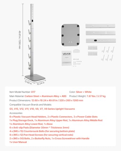 Image of VEVOR Vacuum Stand, Compatible with Dyson G5 V15 V12 V11 V10 V8 V7 V6 Series Upright Vacuums Cleaners & Accessories, Stable Vacuum Stand Holder with 6 Hooks and Non-slip Footpads, Gray