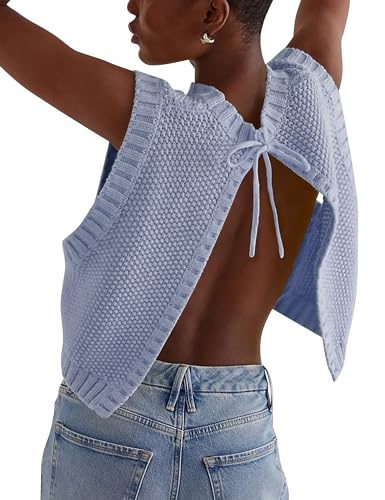 Image of BAIGRAM Women's Open Back Knit Cropped Sweater Vest Backless Bow Tie Sleeveless Tank Tops Cute Y2k Pullover Tops Trendy Blue, Large