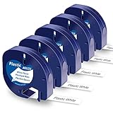 [Paquete] 5 paquetes compatibles para DYMO LetraTag cinta plástico negro sobre blanco, Modelo: DYMO 91201/DYMO 91221/DYMO S0721510, Tamaño: 12 mm de ancho x 4m de largo.