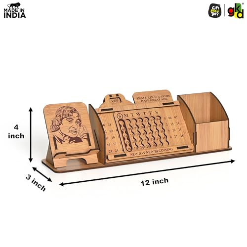Image of Gift Kya De Wooden Desk Organizer with Desk Calendar, Mobile Holder & Pen Stand | APJ Abdul Kalam Printed Quote & Design | Office Table Decor Gift | Made in India (Eco Friendly)