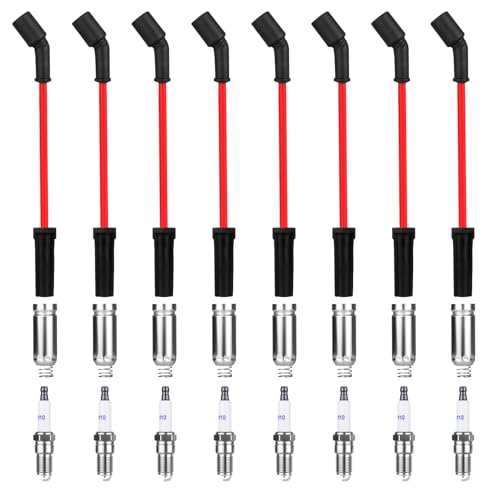8 Pcs Spark Plug Wires Set & 41-110 Iridium Spark Plugs Compatible with 2000-2013 Chevy Silverado Tahoe Suburban GMC Sierra Yukon Cadillac Escalade 4.8 5.3 6.0 6.2 L Replace for 41-162 9748HH 9748UU