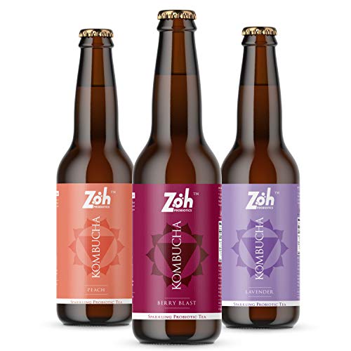 Image of Zoh Probiotics Kombucha-(330milligrams,Pack Of 3)Peach,Berry,&Lavender Kombucha, Green, Liquid Probiotic&Antioxidant Rich Raw Sparkling Tea,Low Sugar,Vegan,&With Gut Healing Active Cultures