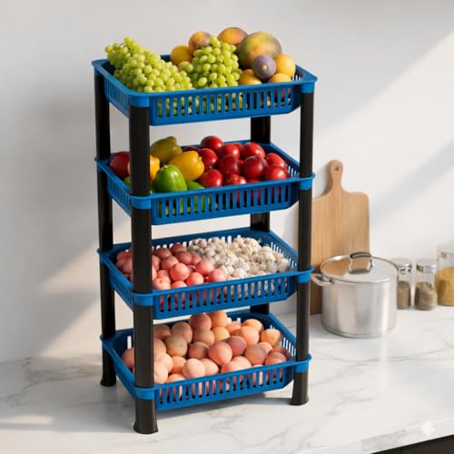 Image of Plastic Kitchen Rack, Multipurpose Vegetable & Fruit Storage Basket Organizer for Home, Pantry & Kitchen - Strong & Easy to Assemble (4 Layer, Blue)