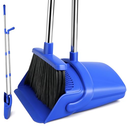 Image of Broom and Dustpan Set, Long Handle Lightweight Dustpans with Broom Combo for Home, Indoor&Outdoor Sweeping for Home Room Kitchen Office Lobby (Dark Blue)