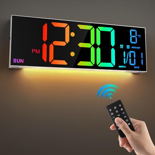 LEIKE 16.2'' Large Digital Wall Clock with Remote Control, Big LED/Dual Alarm/8 RGB Colors/Auto Brightness/Date/Auto DST/Temperature/Night Light Gym Clocks for Living Room Bedroom Office Wall Decor