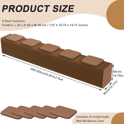 Folding Paper Stool with PU Cushion - Accordion Sofa Chair, 3.93/4.92/6.56/8.2ft Folding Bench, Supports 400lbs, Ideal for Living Room & Coffee Bar, Brown, 2 Seats