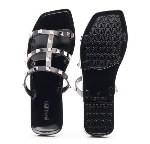 Image of Women Flats Sandals, Studded Jelly Shoes Size 9 Red Dressy Summer Beach Rivets Strappy Jellies Slide Slip On Open Toes