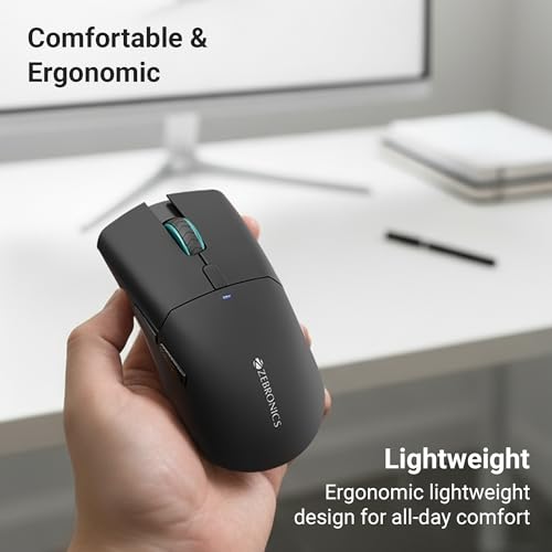 Image of Zebronics Rechargeable Wireless Mouse, Dual Mode 2.4GHz + BT, Upto 2400 DPI, 6 Buttons, USB Nano Receiver, Type-C, Silent Operation, Ergonomic Design (Blanc 100, Black)