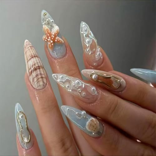 Image of Blue Ocean Press on Nails Starfish Sea Shell Fake Nails Medium Almond False Nail with Pearl Design 3D French Tip Glue on Nails Artificial Acrylic Summer Stick on Nail for Women Girls Manicure 24Pcs