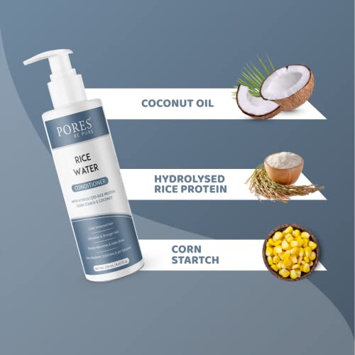 Image of PORES Be Pure Rice Water Hair Conditioner with Hydrolyzed Rice Protein, Corn Starch & Coconut | Deep Nourishment & Shine | Anti Hair Fall Conditioner for Strong, Thick & Frizz-Free Hair | For All Hair Types - Men & Women - ( 250 ml X 3 )