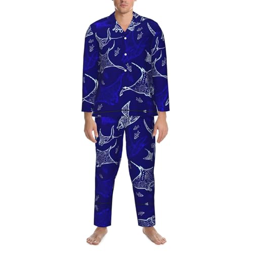 Pyjama classique col cranté ensemble détente léger à imprimé raie manta et poisson - 4