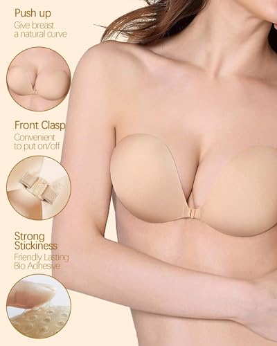 Sticky Bras Push Up - 4 Pairs Adhesive Invisible Silicone Bra Backless Strapless Bra for Women with Nipple Covers2