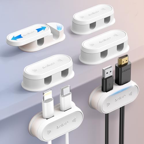 5Pack Cable Clips - 10 Hole Cord Organizer for Desk [Both Sides 1s Smooth Push] Nightstand Phone Charging Cord Holder, Adhesive Wire Organizer Keeper for Home/Car/Table, Office Desk Accessories, White