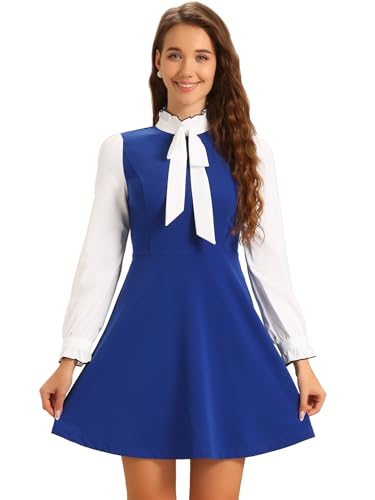 Image of Allegra K Tie Neck Dresses for Women's 1960s Vintage Long Sleeve Contrast Color Dress