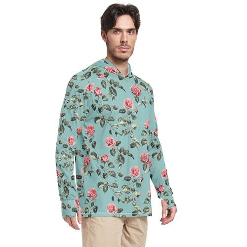 Wudan Retro Rose Turquoise Mens Sun Hoodies Shirts Long Sleeve Cooling Hoodies Fishing Shirt UPF 50+ S2