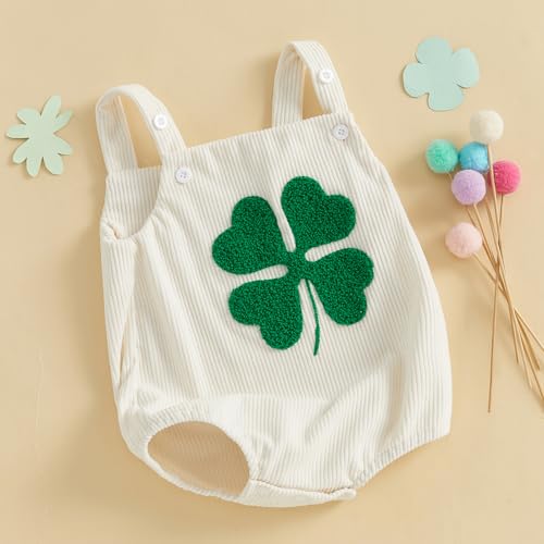 St Patricks Day Baby Boy Girl Outfit Newborn Clover Embroidery Romper Overalls Sleeveless Corduroy Bodysuit Jumpsuit3