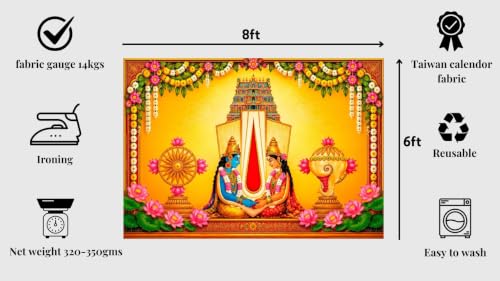 Image of srinu Vasu namnam Background | Venkateswara & Goddess Lakshmi Wedding Backdrop with Shankha, Chakra, and Pink Lotuses 6x8 Feet | Lakshmi Pooja Background