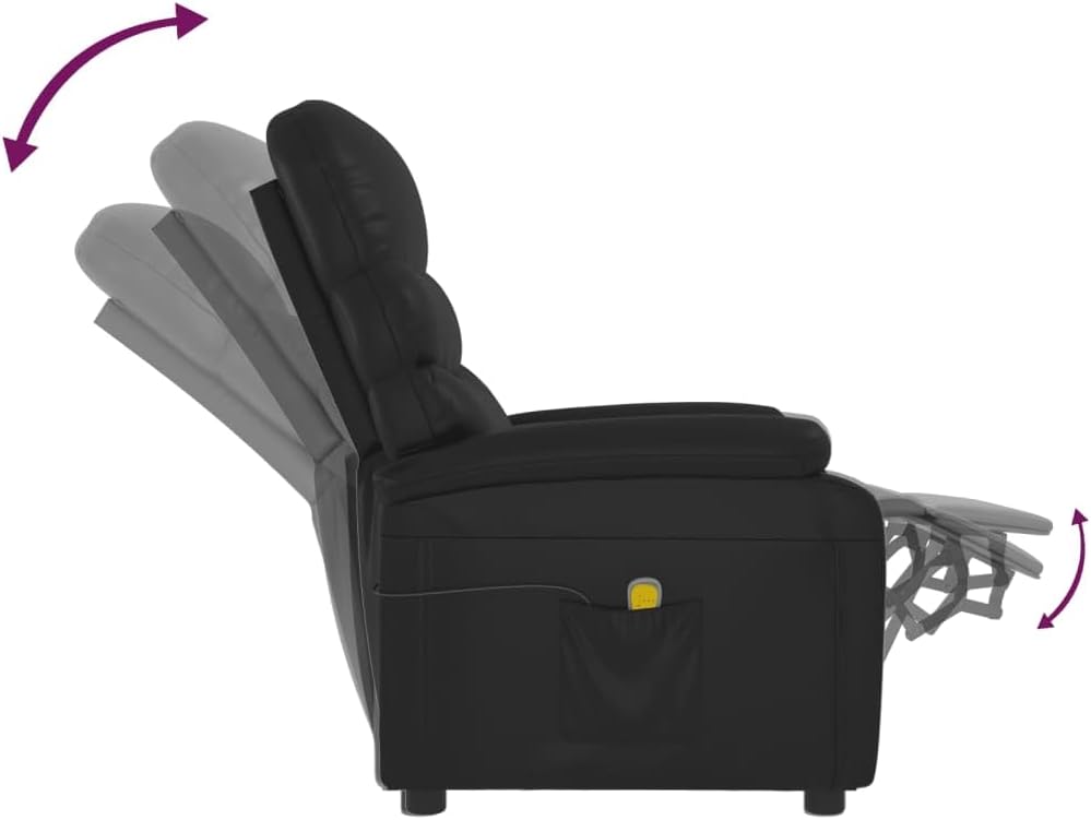 vidaXL - Modern Relaxation Massage Recliner Chair in Black Faux Leather with Adjustable Backrest and Footrest, 6-Point Vibration Massage, USB Connector and Side Pocket, Easy Assembly