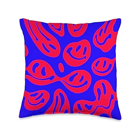 Colorful Creations Red and Blue Warped Smile Face Design Psychedelic Graphic Throw Pillow, 16x16, Multicolor Cover