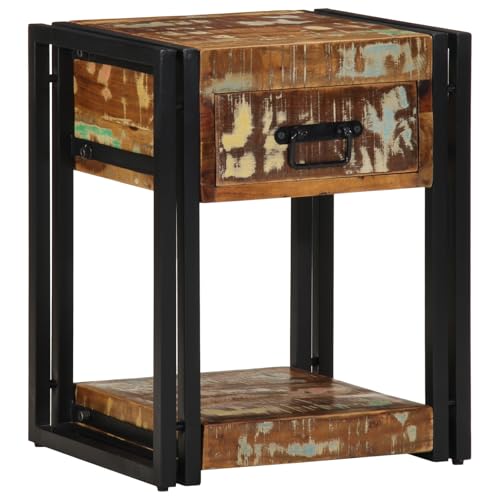vidaXL Mesa de Noche Sólida de Madera Recuperada Moderna Mesita de Noche con Cajón Y Marco de Hierro Multicolor Almacenamiento para Decoración de Dormitorio Se Adapta a Espacios Pequeños Muebles Rúst