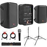 JBL Professional EON208P Portable All-in-One 2-Way PA System (8-Channel Mixer and Bluetooth) Bundle with Auray SS-47S-PB Speaker Stands and Carrying Case, Vocal Microphone, and 2X XLR-XLR Cables