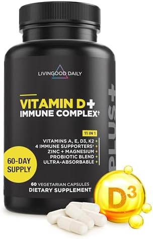 Livingood Daily Vitamin D + Immune Complex, Made with Vitamin D3 K2, Zinc, Magnesium, Vitamins E & A and Probiotics, Immune Support Supplement, Advanced Absorption, Gluten Free, Non GMO, 60 Capsules