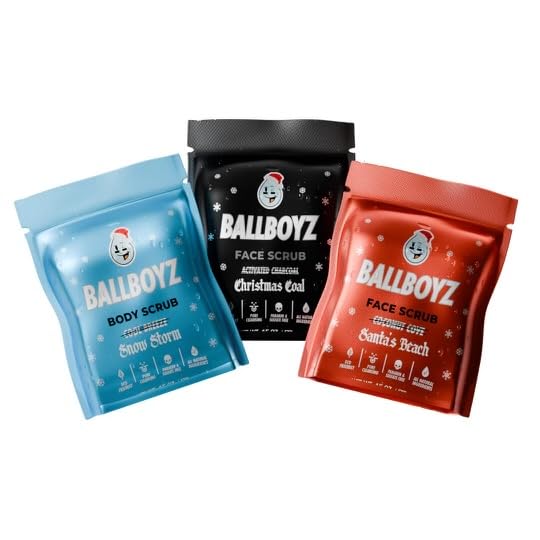 Ballboyz Christmas Face and Body Scrub Kit: Natural and Powerful Cleansing for Athletes - Variety 3 Pack (Snow Storm Santas Beach Christmas Coal)