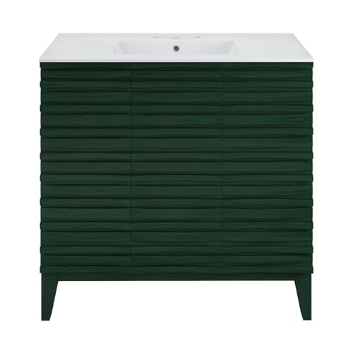 Image of Swiss Madison Cascade 36 inch Freestanding Bathroom Vanity in Green Oak with 3-Hole Widespread Sink Top