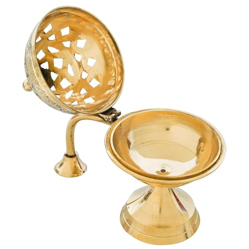 Image of Sanvatsar Traditional Brass Incense Burner, Gold, Decorative Dome Design with Lattice Pattern, Smoke Diffuser for Home (Dhoop Batti)