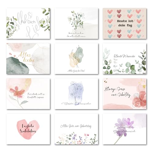 BIROYAL 12 Geburtstagskarten Set mit Umschlag - 148x105 mm Geburtstagskarte - Karte Geburtstag als Postkarten Set - Grußkarten für Glückwunschkarte - Hochwertige Happy Birthday Karte für Mann Frau