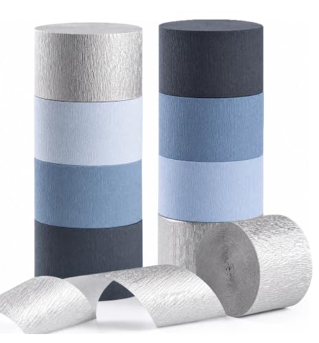 Image of Dusty Blue Silver Crepe Paper Streamers for Wedding Decorations,8 Rolls Crepe Paper Streamers for Boys Birthday Baby Shower, Bridal Party Decorations