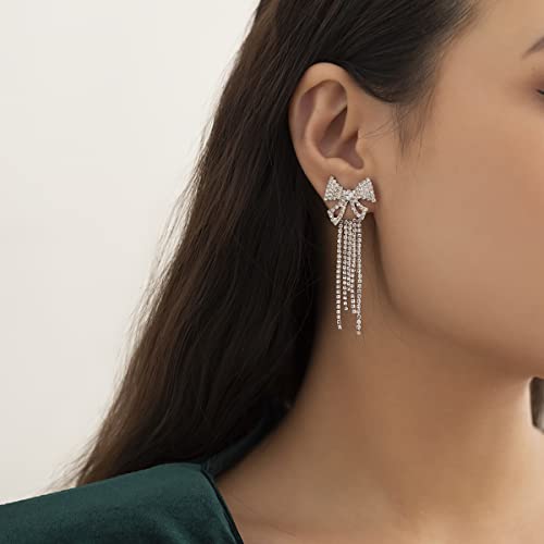 Rhinestone Silver Bow Earrings For Women - Hypoallergenic Silver Crystal Bowknot Tassels Statement Dangle Earrings Girls Teens (Silver Bow Earrings B) #TOP2