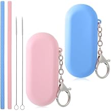 2 Sets Silicone Reusable Straws with Case, Portable Travel Straw with 2 Cleaning Brushes Foldable Drinking Straws for Travel Party Cruise Ship Pink and Blue