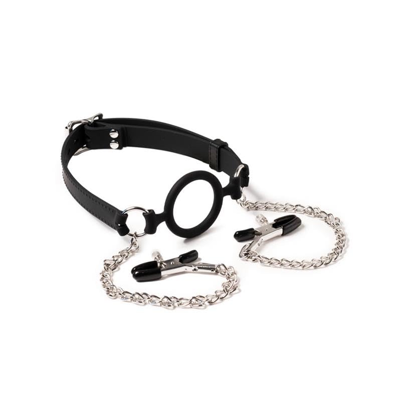 Rimba Latex Play Mundknebel mit O-Ring und Nippelklemmen Schwarz