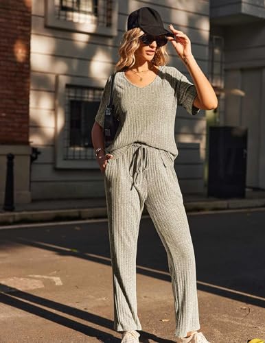 Image of Ekouaer Womens Ribbed Knit Lounge Set Short Sleeve Top and Long Pants Sleepwear Pajama Set Two Piece Matching Outfits Set