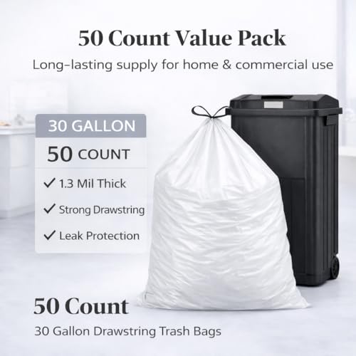 CEDARRA 30 Gallon Drawstring Trash Bags, 50 Count, 1.3 Mil Extra Strong White Large Garbage Bags, Unscented Trash Liners for Kitchen, Office & Everyday Yard Cleanup, Fits 100-115L Cans