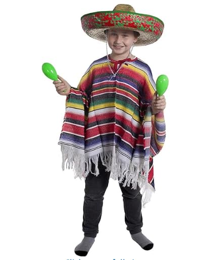 Disfarce de poncho mexicano para meninos e meninas grandes com bandita verde