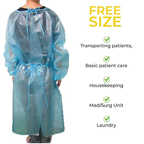 [100-Pack] Disposable Isolation Gown, Fda Registered, Aami Level 1 Pp & Pe 30G, Fully Closed Double Tie Back, Elastic Cuffs, Fluid Resistant, Unisex (100), Blue #TOP7
