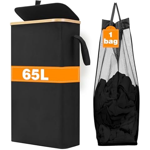 Slim Laundry Hamper with Lid, 65L Narrow Laundry Hamper with Removable Bag, Skinny Collapsible Laundry Basket with Handles, Black Clothes Hamper for Dorm, Bathroom, Closet Cover