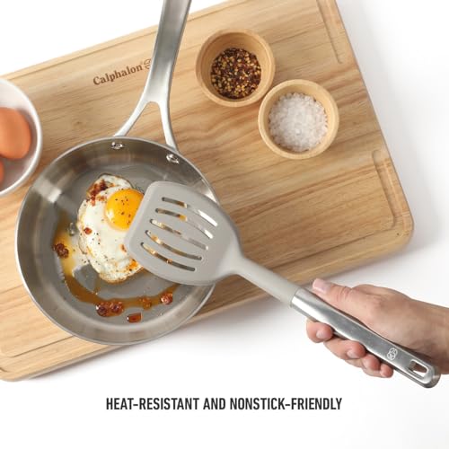 Image of Calphalon Prime Slotted Turner, Kitchen Flipping Spatula, Slotted Spatula with Silicone Head and Stainless Steel Handle, Heat Resistant Nonstick Cookware for Flipping and Draining (Taupe)