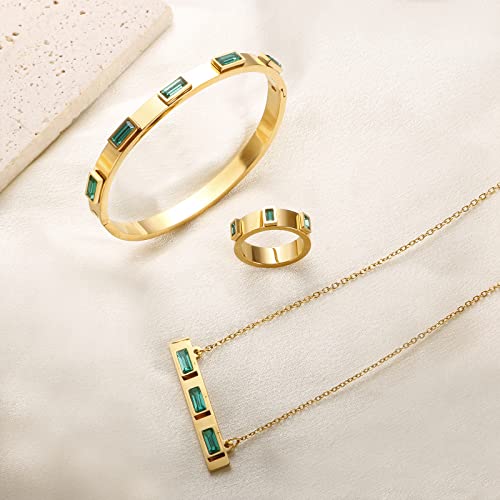 JINHUI Gold Bangles Bracelets for Women, 18K Gold Plated Green Emerald Birthstone Women’s Bangle Bracelets 6.7” Elegant Vintage Casual Gift4
