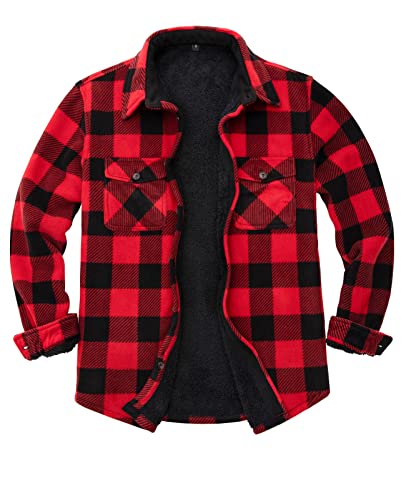 Veste chaude pour homme en flanelle entièrement doublée en polaire Sherpa, Plaid Buffalo rouge, Large