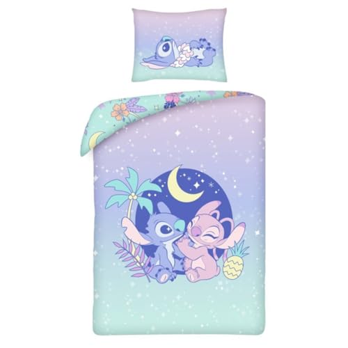 Disney STITCH e ANGEL - Set Letto Copripiumino singolo Reversibile 140x200cm e Federa 70x90cm - Violetto Multicolore - 100% Cotone OEKO-TEX