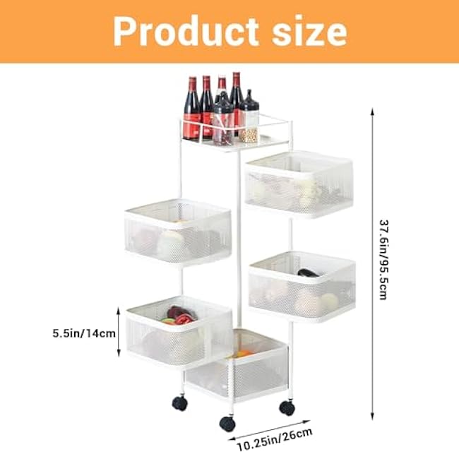5 Tier Rolling Storage Cart, Metal Mesh Rolling Cart Organizer with Top Lid, Rotating Kitchen Storage Cart, Organizador de Frutas Y Verduras for Fruit Vegetable Grocery Storage No Assembly-ZNn6qDR7