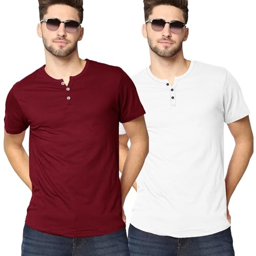 Image of LAZYCHUNKS Henley Neck Men's Cotton Half Plain Sleeves Slim Fit T-Shirt | Round Neck Men's Tshirt | Solid Colors | Summer Wear | - Multicolor