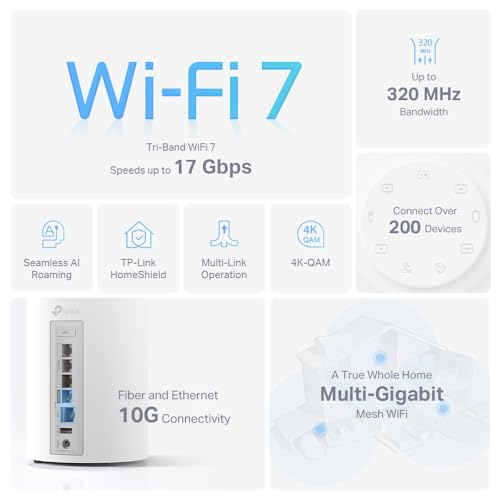 Image of TP-Link Deco BE75 BE17000 Tri-Band WiFi 7 Mesh System - 8-Stream, 17 Gbps, 200+ Device Connect, 10 Gbps Wired, AI Roaming, Wireless /Wired Combined Backhaul, Google /Alexa, HomeShield, 2-Pack