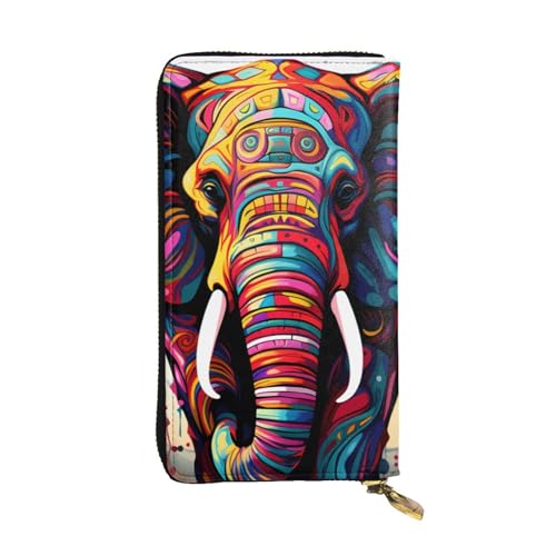 Portefeuille long en cuir imprimé éléphant coloré, l'idée cadeau élégante pour femme et fille