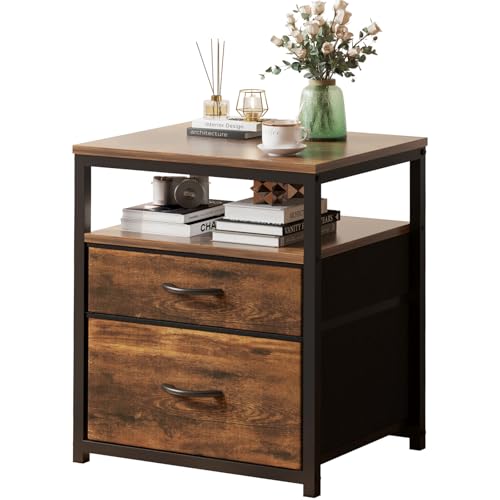 Nightstand Bedside Table with 2 Fabric Drawers and 1 Open Shelf Side Table for Living Room and Bedroom Bedside Nightstand with Wooden Top and Metal Frame (Brown 45 * 38 * 54CM)