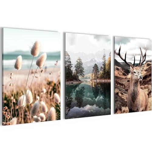 Novart Bilder Set Wald Hirsch - Kein Extra Rahmen benötigt - Wandbilder...
